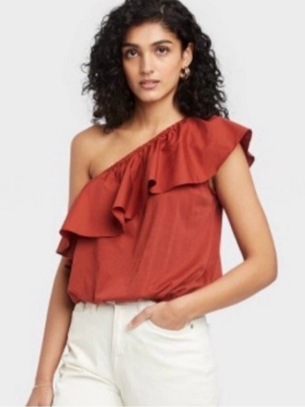 a new day One-Shoulder Ruffle Top in Rust Red, Relaxed Fit, Elastic Bubble Hem